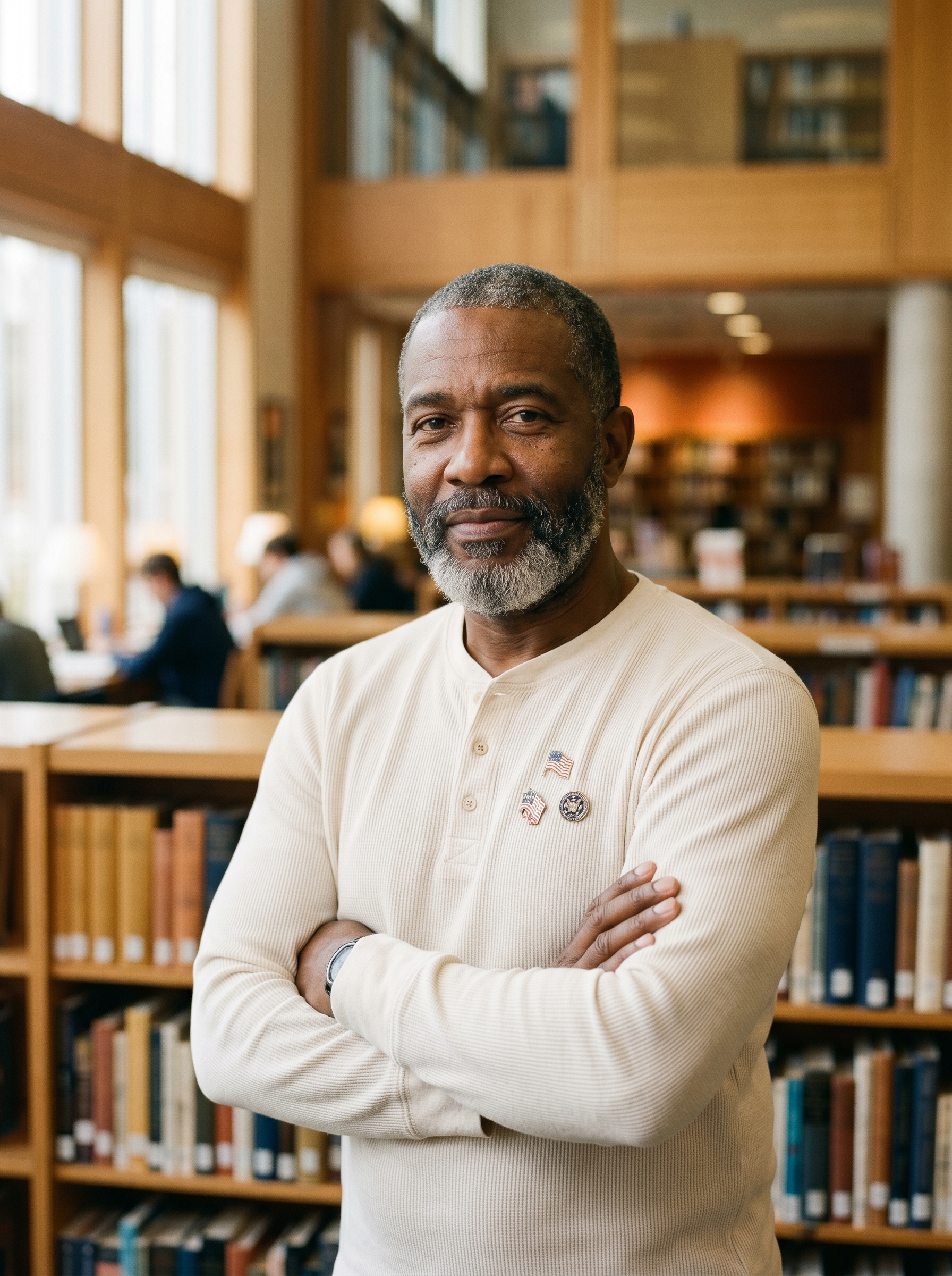 An A4E participant photographed in a library.